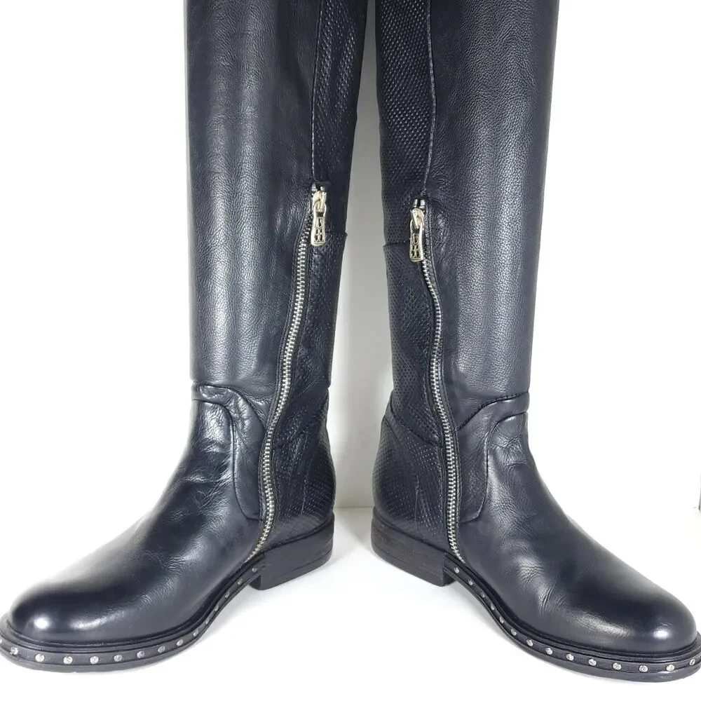 A.S.98 Women's US36 EU6 Black Soft Leather Zip Studded Tall Over The Knee Boots